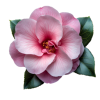 Pink camellia flower top view , flat lay design, isolated on transparent background. Elegant camellia flower with green leaves png
