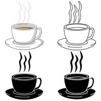 Coffee cup in 4 designs, colour, black and white and black with a knockout outline isolated on a white background vector