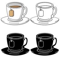 Tea cup in 4 designs, colour, black and white and black with a knockout outline isolated on a white background vector