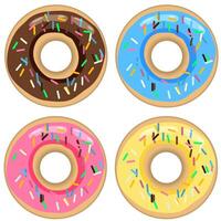 Set of colourful Doughnuts with sprinkles and glazed icing, isolated on a white background vector