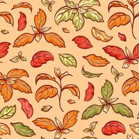 A seamless pattern featuring autumn leaves in vibrant hues of red, orange, and yellow. This design captures the essence of fall, perfect for use in textiles, wallpaper, and seasonal decor. vector