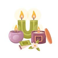 Composition of aromatic burning soy candles. In a glass with a wooden wick, curved and round. Aromatherapy, relaxation, handmade. Hand drawn flat illustration. Matchbox. vector