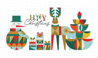 Poster snowman, present box, deer, tree lettering happy christmas in cubism style drawing on light background vector