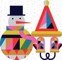 Poster Christmas snowman and gloves in cubism style drawing on white background vector