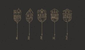 Set of house key collection in modern line style drawing on brown background. vector