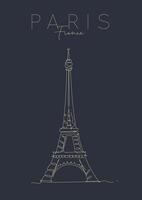 Poster eiffel tower lettering paris, france drawing in pen line style on dark background vector