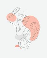 Tampon, women sanitary pad and menstrual cup composition drawing with splash on grey background vector