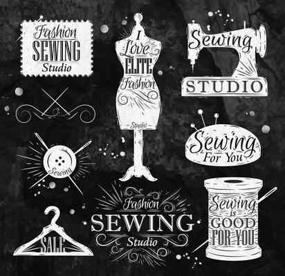 Sewing symbol in retro vintage in chalk lettering mannequin, coil, pins, hangers, buttons