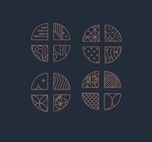 Set of creative modern art deco seafood chevrons in flat line style drawing on brown background. vector