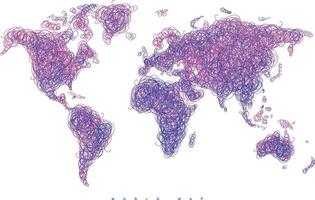 World map drawing with tangled violet and blue lines on white background vector