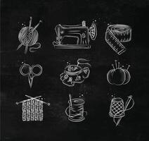 Sew icon set with illustrated sewing machine, skein of threads, scissors, knitting needles, needle, thread, embroidery hoop in hand drawing style on chalkboard background vector
