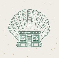 Seashell a storefront of fish shop drawing in vintage style on beige background vector