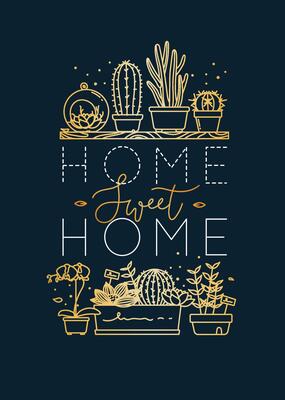 Compositions with shelf flat icon plants in pots lettering home sweet home drawing with gold on dark blue background