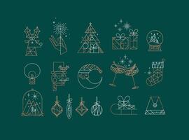 Set of christmas icons drawing in art deco line style on green background vector