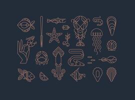 Set of creative modern art deco seafood signs in flat line style drawing on brown background. vector