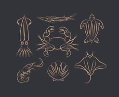 Filigree swirl sea and ocean creatures squid, fish, crab, turtle, shrimp, stingray, shell, scallop drawing on black background vector