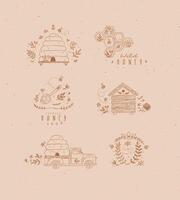 Honey collection of labels, beehive, honeycomb, spoon with flower and branches drawing in graphic style on beige background vector