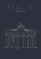 Poster brandenburg gate lettering berlin, germany drawing in pen line style on dark background vector
