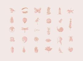Set of modern graphic design elements in minimalism art line style drawing light tones. vector
