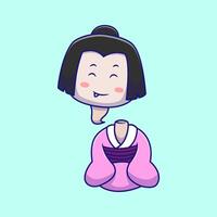Smiling Yokai Ghost Wearing Traditional Kimono Sitting Cartoon Illustration. Traditional Ghost. Flat Cartoon Outline Style. vector