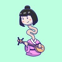 Cute Yokai Ghost Playing Accoustic Guitar Cartoon Illustration. People Playing A String Instrument. Flat Cartoon Outline Style. vector