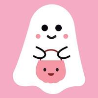 Halloween ghost. Poltergeist. Flying ghost. Cute funny happy ghost with skull in hands. Spirit of fear. Halloween ghost design in simple modern flat cartoon style. vector