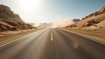 The liberating feeling of the open road as a car travels through a sun-drenched desert, the vastness of the landscape reflecting the boundless opportunities ahead. video