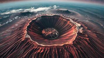 animación volcán cráter desde encima aéreo ver de el ardiente corazón de un poderoso volcán. video