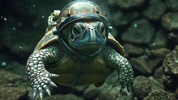 Turtle equipped with a futuristic astronaut helmet dives into the depths of the ocean, embarking on a mission to explore the wonders of the underwater world. video
