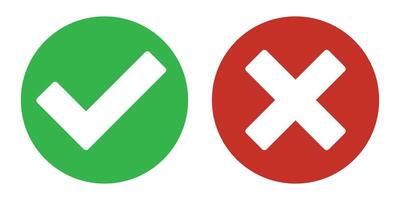 Tick and cross signs. YES and NO. False and true, right and wrong. Correct and incorrect, accept and reject. Green tick OK and red X cross. isolated on white. Digital content vector