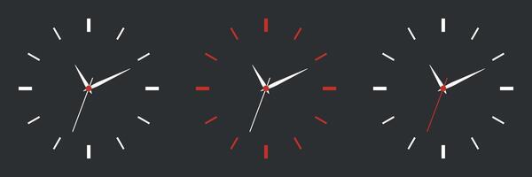 Minimalistic clock template set on dark background. Realistic office wall clock. Clock face and hands display the time. Home and office decor. vector