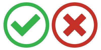 Tick and cross signs. Green tick OK and red X cross. YES and NO. False and true, right and wrong. Correct and incorrect, accept and reject. Digital content vector