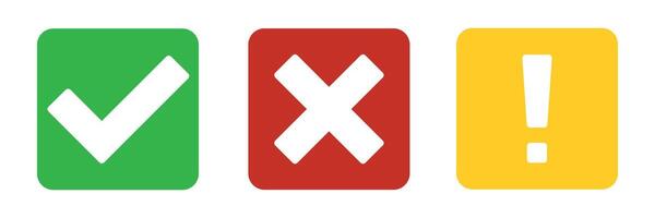 Yes, No, Warning. Right, wrong, be careful. Green, yellow, red tick, cross, exclamation mark. False and true, right and wrong. vector