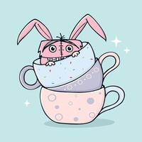Cute Illustration of Monster Rabbit Hidden in A Pile of Cups vector