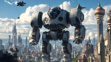 Robot City, A colossal machine patrols a futuristic metropolis, its presence a symbol of both power and potential threat. video