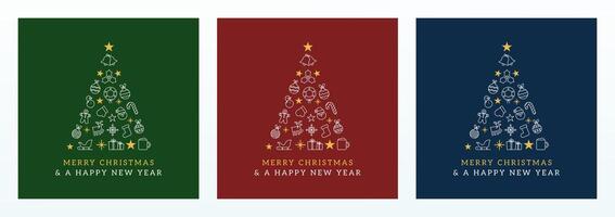Christmas Greeting card with pine tree made by decorative icon ornaments. Festive background posters or web banner for Merry Christmas and Happy New Year. Set in green, red and blue vector