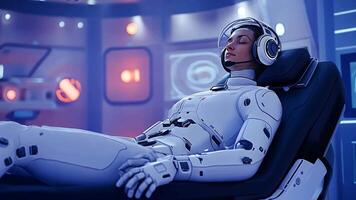 mulher astronauta levando uma pausa dentro uma futurista nave espacial, dela traje espacial capacete aberto Como ela relaxa dentro a sem peso meio Ambiente do espaço. video
