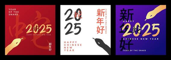 Chinese New Year 2025 Year of the Snake banner set. Background and calligraphic numbers with snakes illustration design. Greeting card frames with chinese characters in red, white and purple. vector