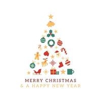 Merry Christmas and a Happy New Year greetings card or web banner. Festive illustration with pine tree and seasonal icon ornaments vector