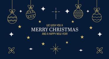 Navidad bandera con festivo adornos oscuro azul fondo, póster o tarjeta con alegre Navidad y un contento nuevo año mensaje vector