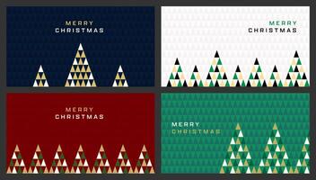 Merry Christmas greeting card design set. Geometric background banner poster with triangle pattern and decorated xmas trees. Text and design illustration in blue, red, green and white vector