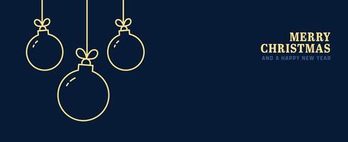 Merry Christmas Banner with Hanging Ornaments. Holiday Greeting Card golden outline Design in dark blue background illustration. Trendy festive simple minimal design vector