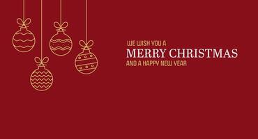 Christmas banner with festive xmas ball ornaments and text. Red background, poster or card with Merry Christmas and a Happy new year message vector