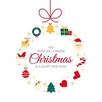 Merry Christmas and a happy new year greeting card or web banner. Background with wreath or xmas ball made of festive icons and holiday message vector