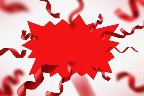 Red flash frame with ribbons on white background. 3d illustration