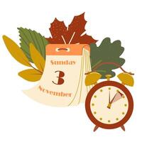 Fall Back in USA and Canada 2024, change clock back one hour, Daylight Saving Time Ends web reminder banner in flat style. Clocks with arrow hand turning back an hour. Minimalist aesthetic web banner. vector