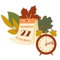 Fall Back in Europe 2024, change clock back one hour, Daylight Saving Time Ends web reminder banner in flat style. Clocks with arrow hand turning back an hour. Flat aesthetic web banner vector