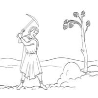 Male Medieval Miner Mining with Pick Ax in Quarry Line Drawing vector