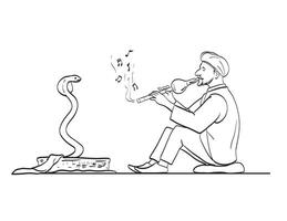 Snake Charmer with Flute and Dancing Cobra Cartoon Drawing vector