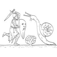 Medieval Knight Fighting Giant Snail With Sword Line Drawing vector